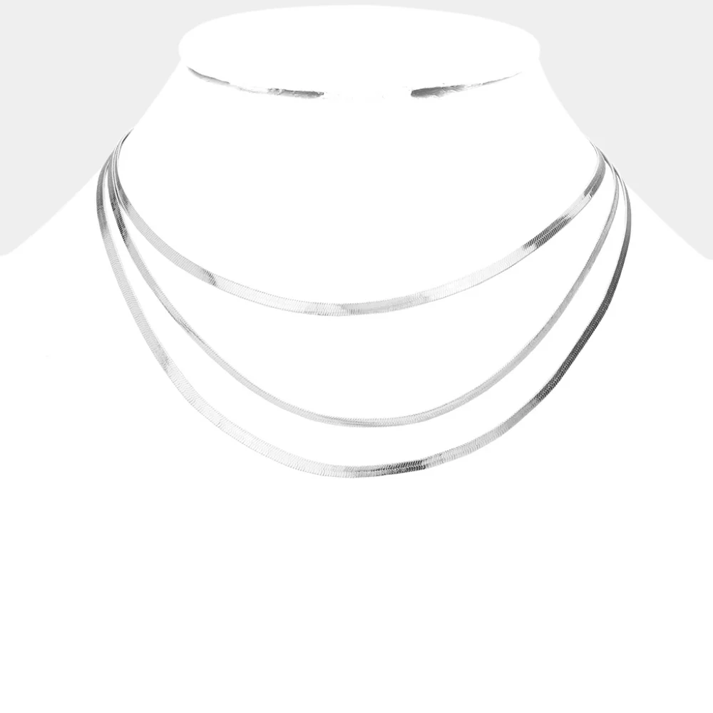 Silver Triple Layered Bib Herringbone Necklace Chain Snake Simple Chic Metal - Picture 1 of 2